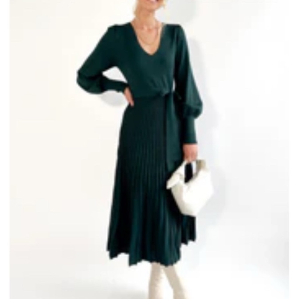 Green Pleated Sweater Dress